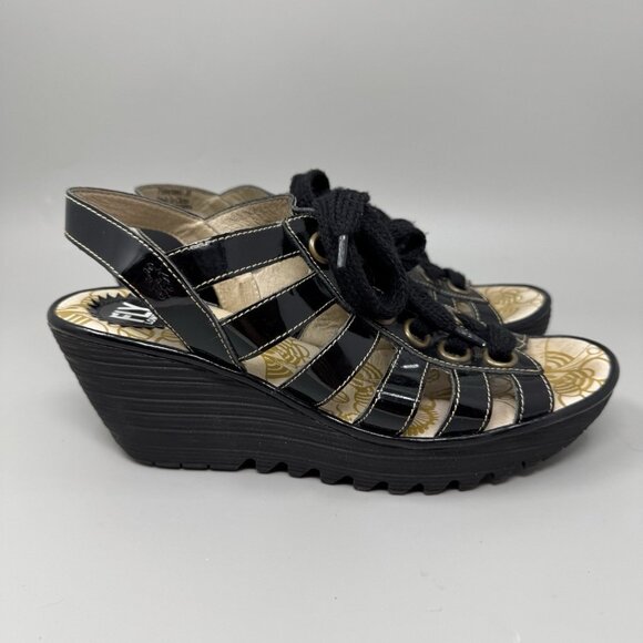 Fly London YITO Shoes Wedge Heels Womens Black Sandals Sz 39 US 8 - Picture 1 of 8